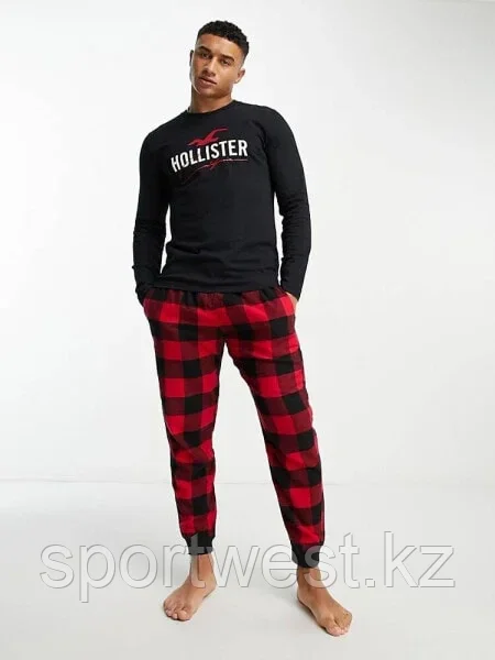 Hollister lounge set check flannel jogger and logo long sleeve top in red/black - фото 1 - id-p116163062