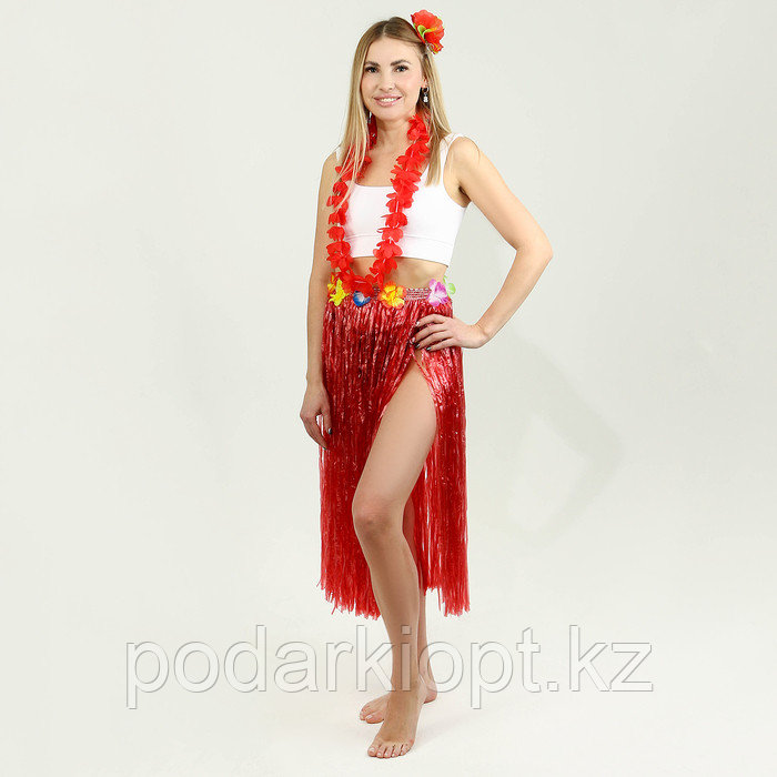 Гавайский набор «Тропики»: юбка, зажим, венок, цвет красный - фото 1 - id-p116192430