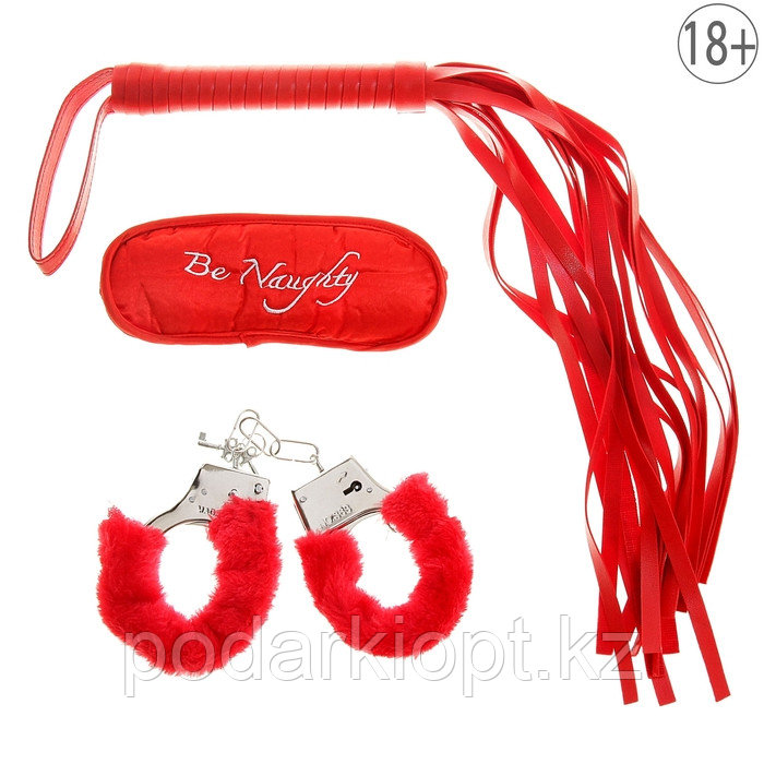 Набор влюбленных, 3 предмета: плетка, наручники, повязка, цвет красный - фото 1 - id-p116187141