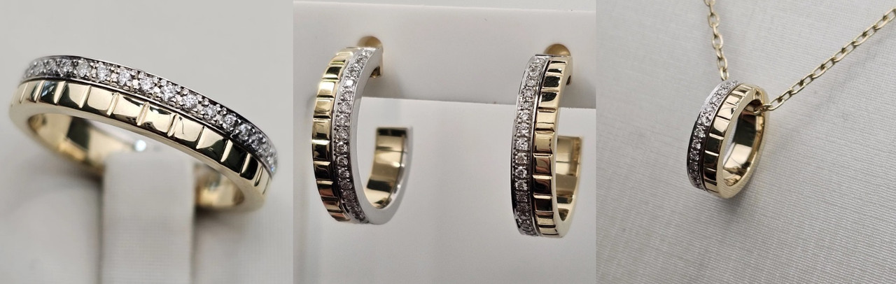 Золотой набор с бриллиантами (кол 0.26Сt VS1/H VG,17 размер. сер 0.39Ct VS1/H, кулон 0.38Ct VS1/H , VG-Cut)