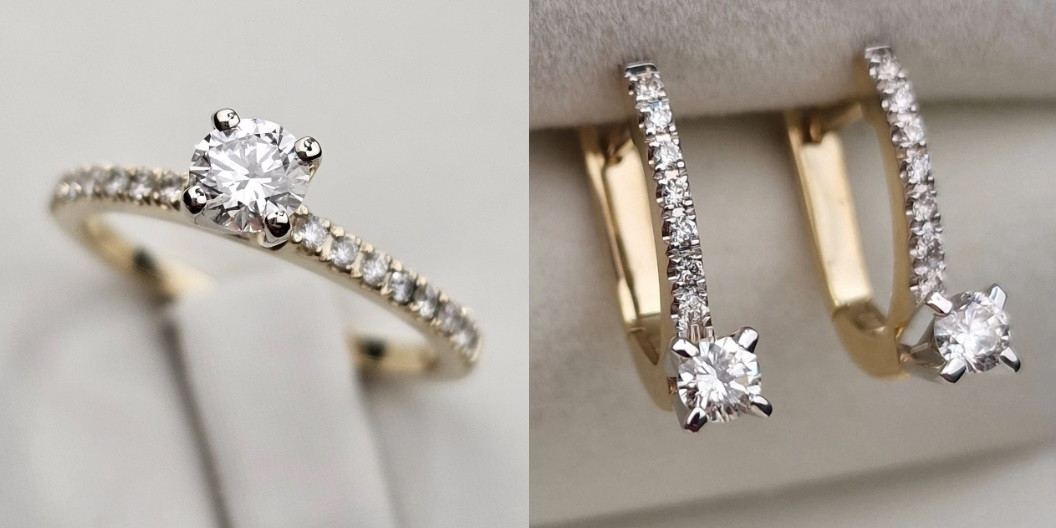 Золотой набор с бриллиантами (кольцо 0,3Ct VVS2/J 0.15 VS2/H VG 16р,серьги 0.46Ct SI1-VS2/I)