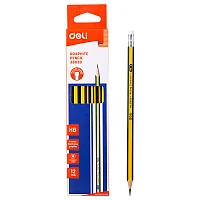 Карандаш DELI "Scribe", НВ, шестигранный корпус, дерево, с ластиком, желтый с полосками ассорти