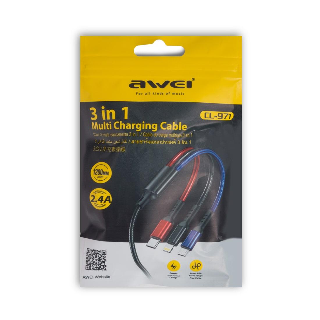 Интерфейсный кабель, Awei, 3 in 1 cable CL-971, 2.4A, 1.2m, 3х цветный - фото 2 - id-p116225419