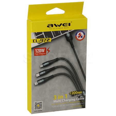 Интерфейсный кабель, Awei, CL-972 3 in 1, 120W, 2.0A, 1.2m, Чёрный - фото 1 - id-p116225446