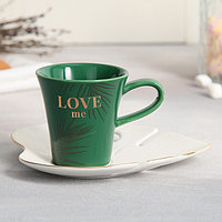 Чайная пара керамическая Love me, кружка 100 мл, блюдце 15х14 см, цвет бело-зелёный
