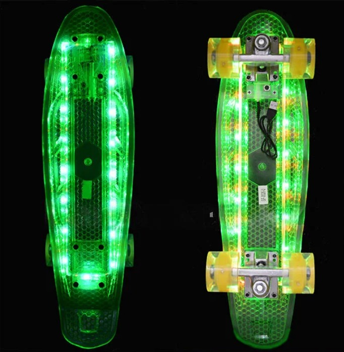 Пенни борд 69*19 с подсветкой и со светящимися колесами аккумуляторный зеленый - фото 1 - id-p64535552