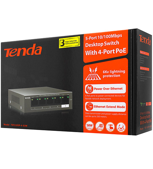 Сетевой коммутатор Tenda TEF1105P-4-63W ,Switch 4+1 port 10/100 Mbit, 4 x PoE, 58W, desktop, ext. PS - фото 3 - id-p116240326