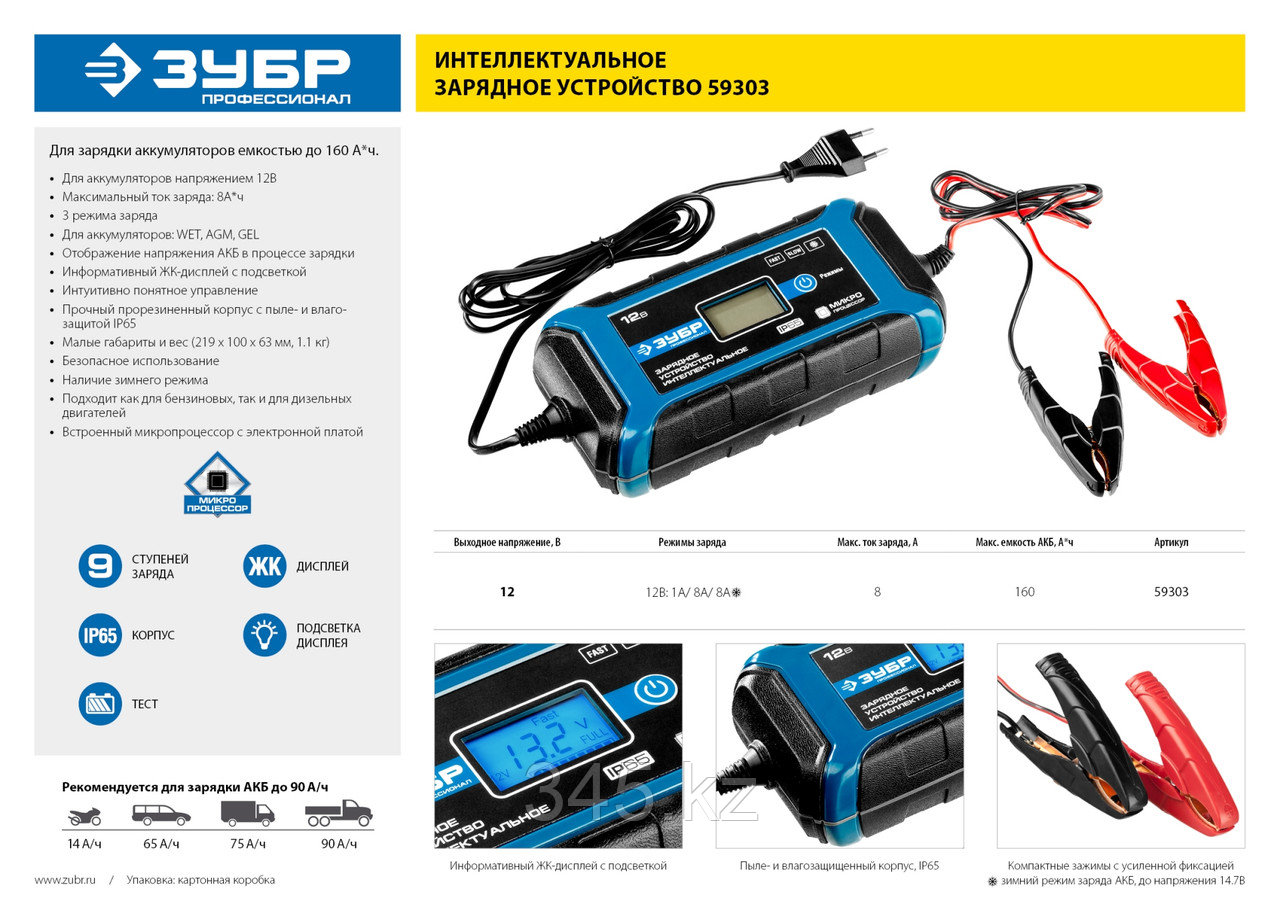 ЗУБР ЗУ-160, 12 В, 8 А, интеллектуальное зарядное устройство для аккумуляторов, Профессионал (59303) - фото 2 - id-p116198704