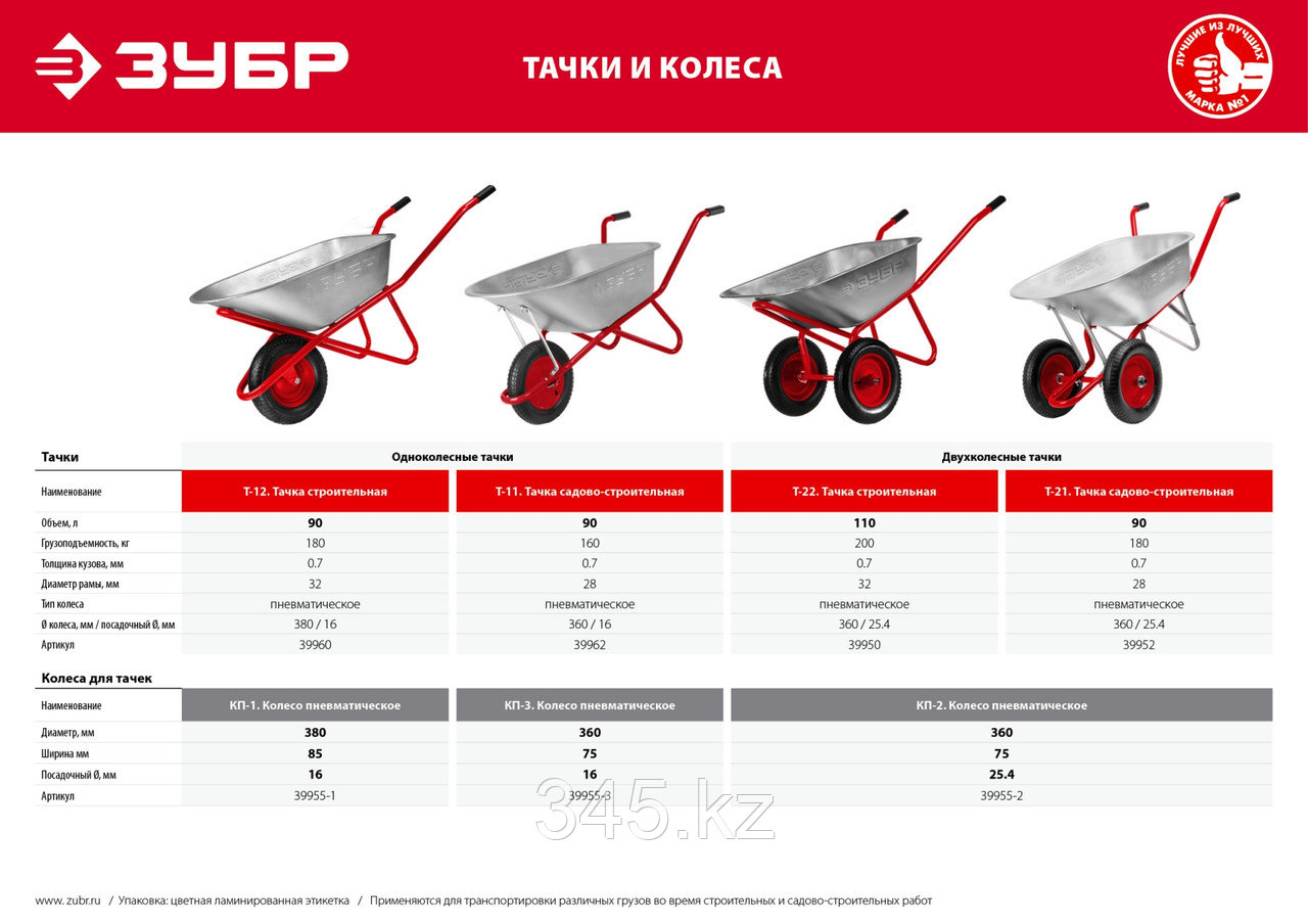 ЗУБР Т-22, 110 л, 200 кг, двухколесная, оцинкованная сталь, две стальные опоры, строительная тачка (39950) - фото 2 - id-p116198711