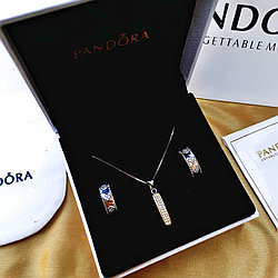 Серебряный комплект "Пандора" Pandora Цепочка, кулон и Серьги, 925 серебро