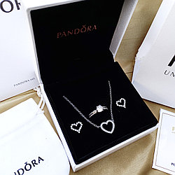 Серебряный комплект "Сердце" белый, кольцо, серьги-гвоздики и цепочка с кулоном, пандора Pandora