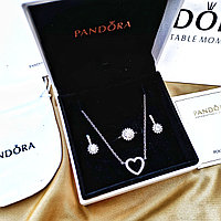 Серебряный комплект "Love" от Пандора Pandora Цепочка, кулон, кольцо и Серьги, 925 серебро