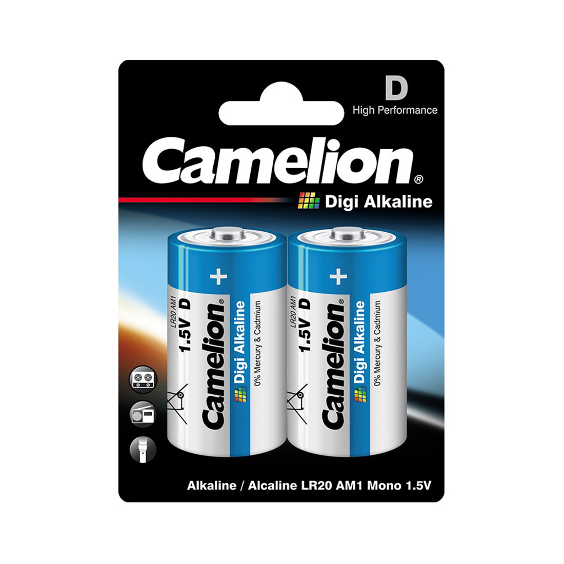 CAMELION LR20-BP2DG Батарейка Digi Alkaline, тип D, 1.5V, 20000 mAh, 2 шт., Блистер