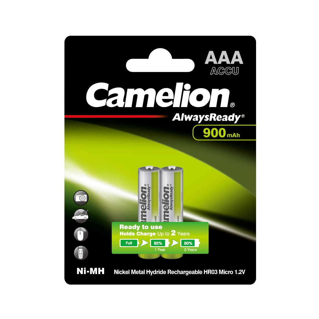 CAMELION NH-AAA900ARBP2 Аккумуляторная батарейка AlwaysReady Rechargeable, AAA, 1.2V, 900 mAh, 2 шт., Блистер - фото 1 - id-p116253747