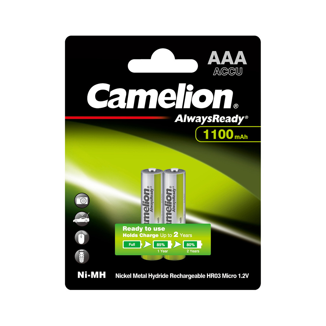 CAMELION NH-AAA1100ARBP2 Аккумуляторная батарея AlwaysReady Ni-MH Rechargeable, AAA, 1.2V, 1100 mAh, 2 шт. - фото 1 - id-p116253748