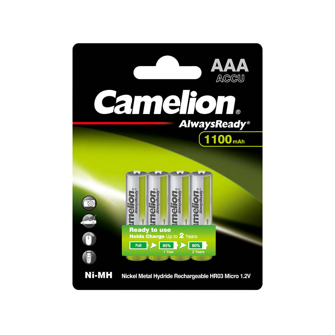 CAMELION NH-AAA1100ARBP4 Аккумуляторная батарея AlwaysReady Ni-MH Rechargeable, AAA, 1.2V, 1100 mAh, 4 шт. - фото 1 - id-p116253751