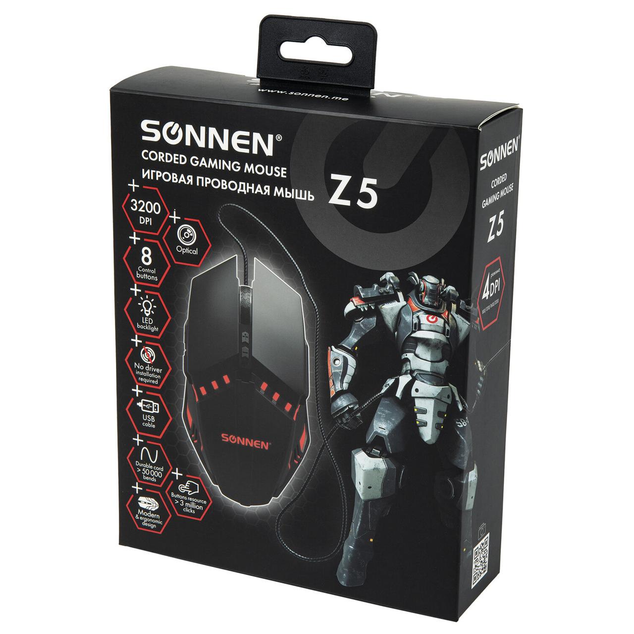 Мышь проводная игровая SONNEN Z5, металл/пластик, 7 кнопок, 800-3200 dpi, RGB-подсветка, черная - фото 1 - id-p116253757