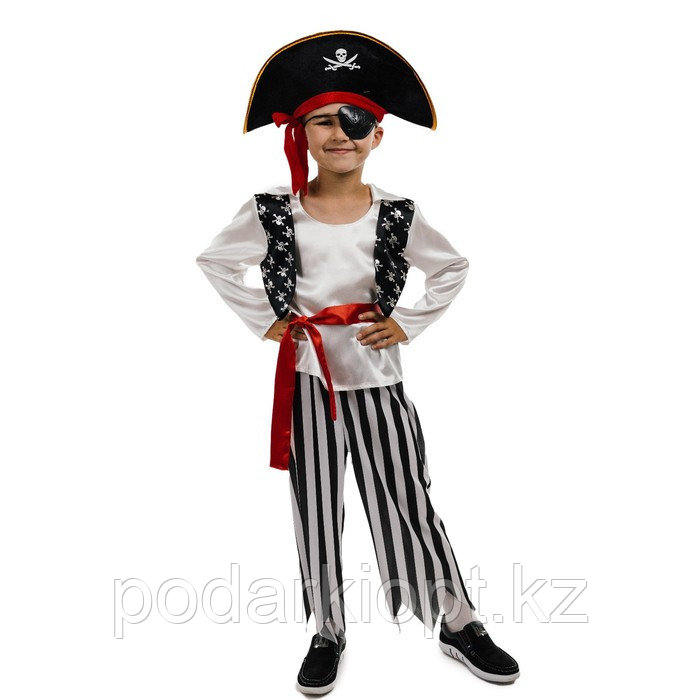 Карнавальный костюм «Пират», шляпа, повязка, рубашка, пояс, штаны, р. 34, рост 134 см - фото 1 - id-p116257218