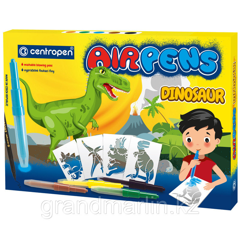 Фломастеры воздушные Centropen "AirPens Dinosaur", 05цв.+1 черный фломастер+8 трафаретов, картон. уп - фото 1 - id-p116184276