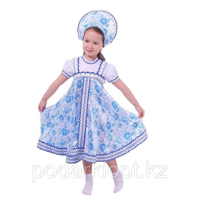 Русский народный костюм для девочки с кокошником, голубые узоры, р-р 32, рост 122-128 см - фото 1 - id-p116257886