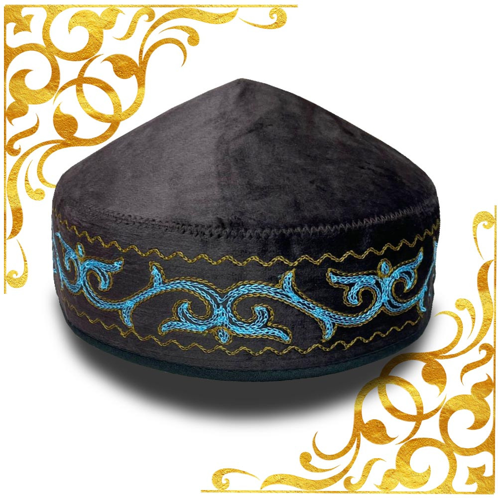 Казахская национальная тюбетейка (тақия) коричневая с синем орнаментом и бронзовой вышивкой - фото 1 - id-p116262012