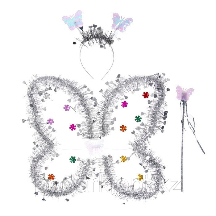 Карнавальный набор «Бабочка», 3 предмета: крылья, ободок, жезл, цвет серебряный - фото 1 - id-p116261397