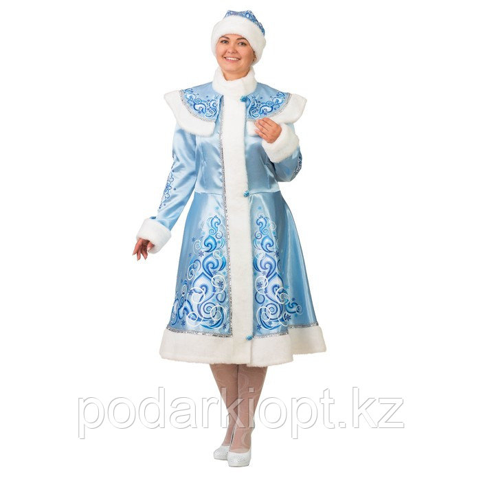 Карнавальный костюм "Снегурочка", сатин, шуба с аппликацией, шапка, р. 54-56, рост 176 см, цвет голубой - фото 1 - id-p116261498