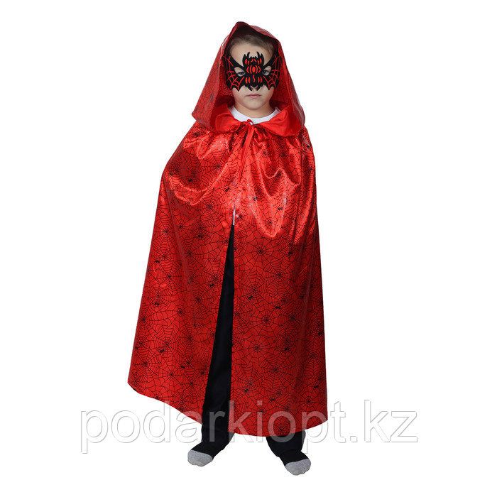 Карнавальный плащ с капюшоном, паутина на красном, атлас, длина 85 см + маска - фото 1 - id-p116260054