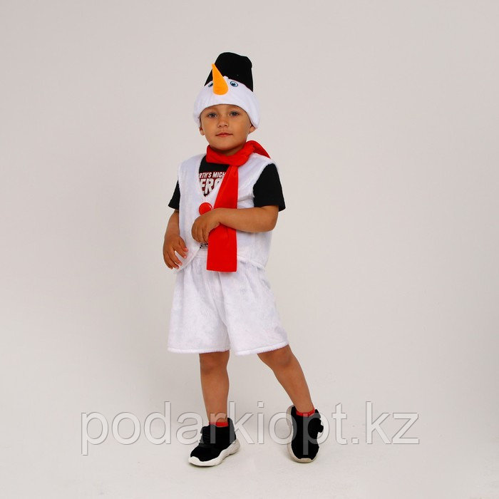 Карнавальный костюм «Снеговик» меховой: шорты, жилет, шарф, шапка с ведром, р. 28, рост 98 104 см - фото 2 - id-p116271468