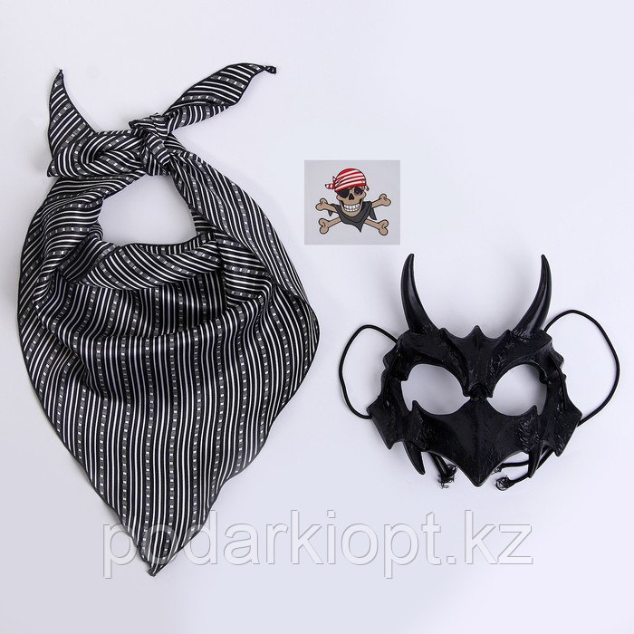 Карнавальный набор: бандана в полоску, маска с рогами чёрная, термонаклейка - фото 1 - id-p116273330