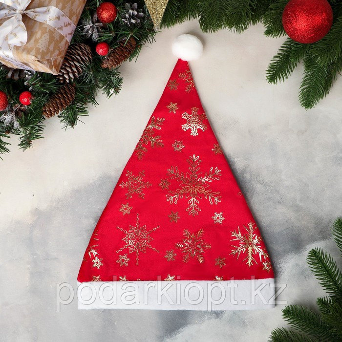 Колпак новогодний "Снежинка голд" 26х35 см, красный - фото 1 - id-p116275908