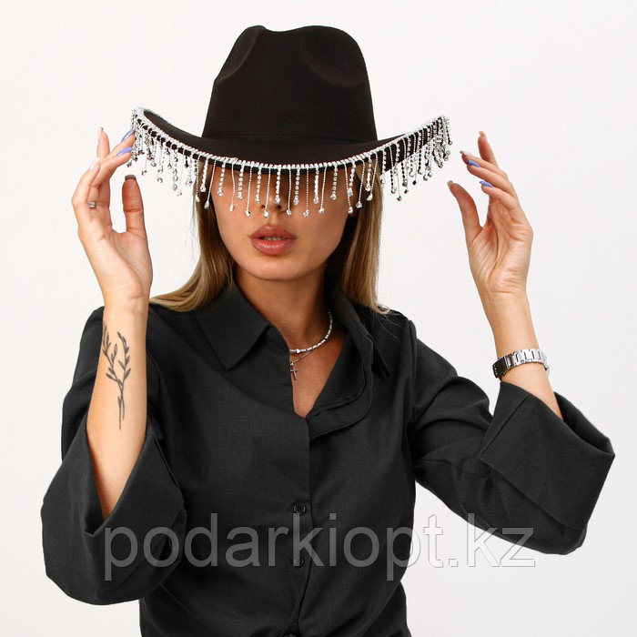 Шляпа ковбойская, со стразами, р. 56 см, цвет чёрный - фото 1 - id-p116275966