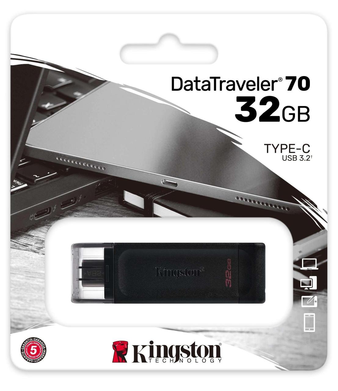 USB-накопитель, Kingston, DT70/32GB, 32GB, USB Type-C, Чёрный - фото 1 - id-p116297633