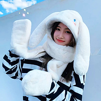 Шапка шарфик с ушками и варежками Cinnamoroll белая 135 см