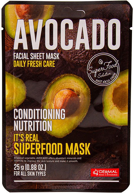 Тканевая маска с экстрактом авокадо Dermal It's Real Superfood Mask Avocado 10шт, фото 1