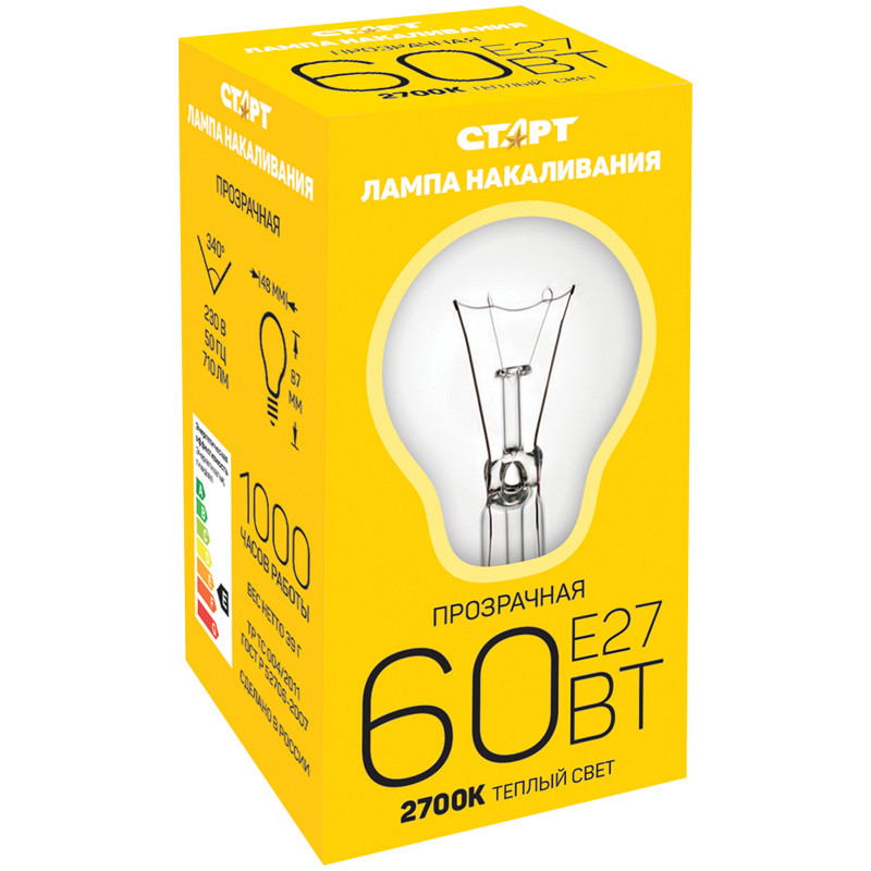 Лампа накаливания Старт Б 60W, E27, прозрачная - фото 1 - id-p116298819