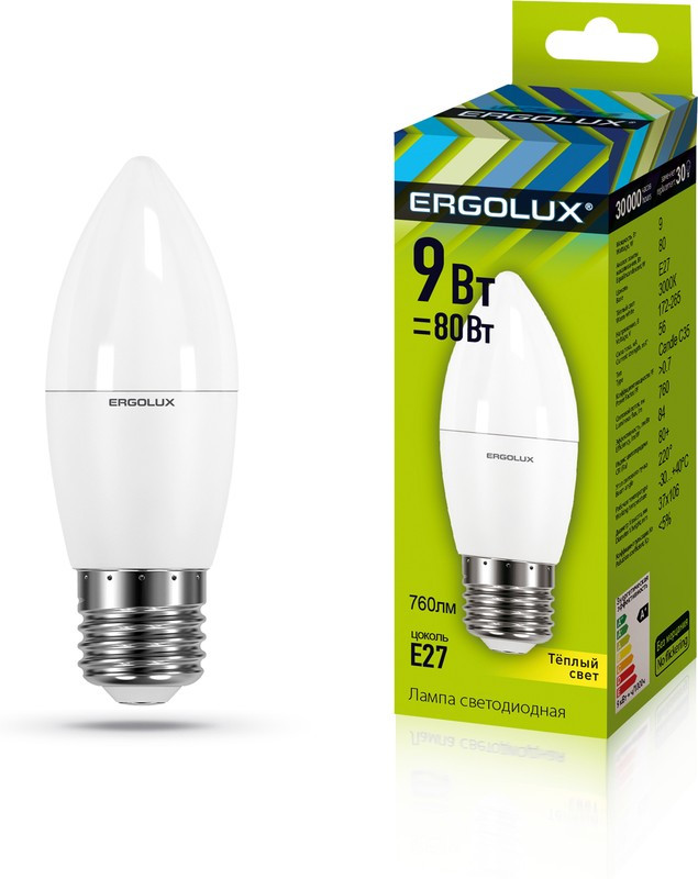 Эл. лампа светодиодная, Ergolux, LED-C35-9W-E27-3K, Свеча, Мощность 9Вт, Тип колбы C35 - фото 1 - id-p116300131