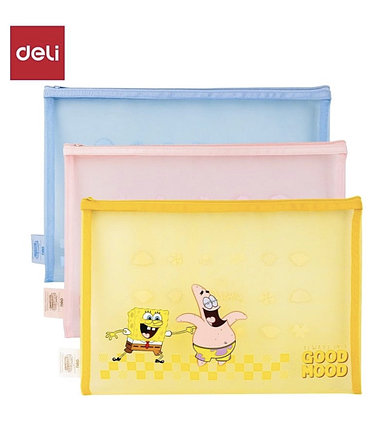 Папка-конверт на молнии Deli "SpongeBob", А4, сетка, ПВХ, ассорти, фото 1
