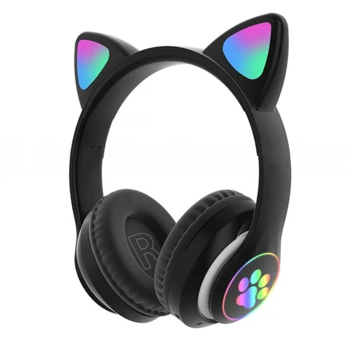 Беспроводные наушники стерео Bluetooth с микрофоном LED подсветкой и радио складные Cat Ears черные - фото 1 - id-p105917027