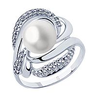 Кольцо из серебра с натуральным жемчугом и фианитами - размер 19,5