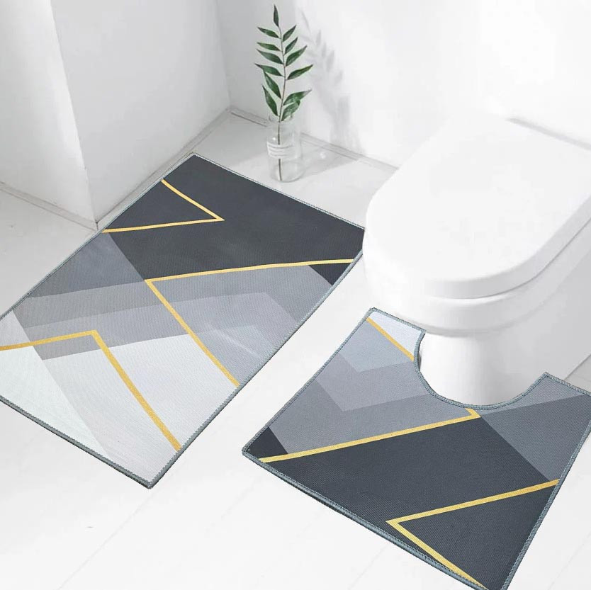 Коврик для ванны и туалета 80х50 см и 50х40 серый в желтую полоски