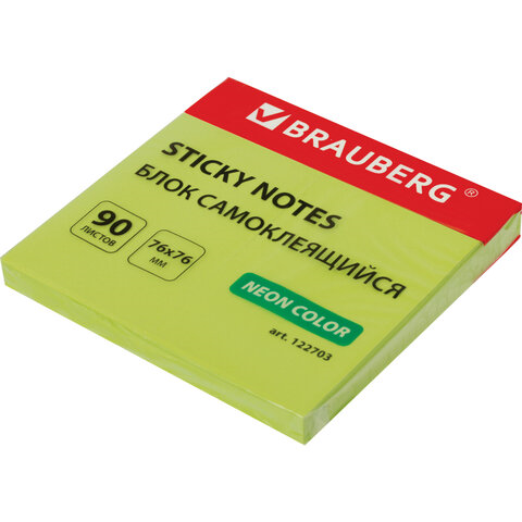 Блок самоклеящийся (стикеры) BRAUBERG, НЕОНОВЫЙ, 76х76 мм, 90 листов, зеленый - фото 1 - id-p116379680
