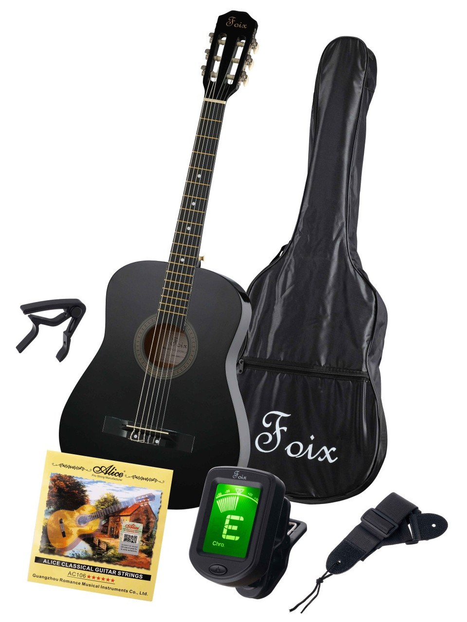 Классическая гитара+Аксессуары, черная глянцевая, Foix FCG-2038CAP-BK