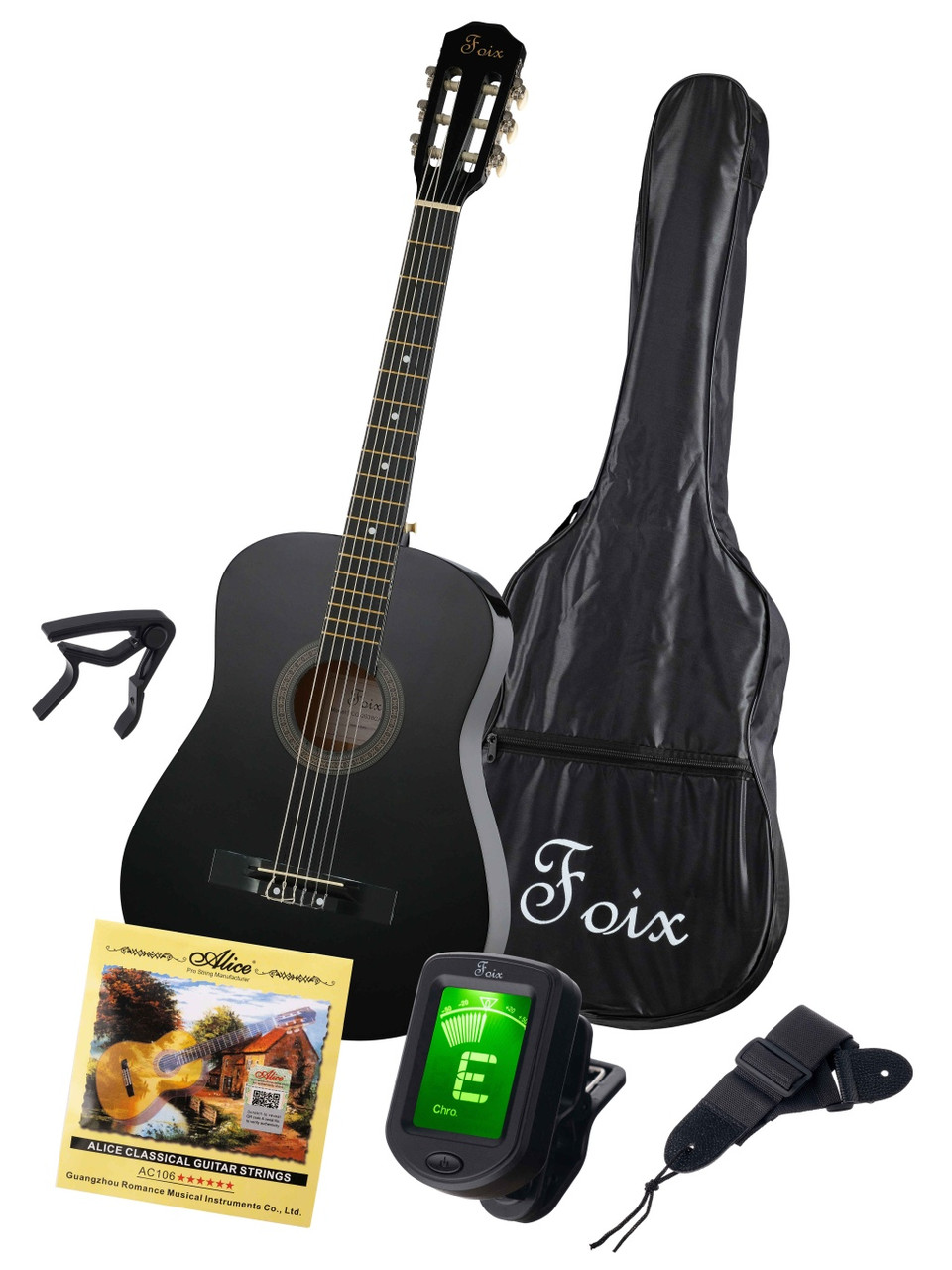 Классическая гитара+Аксессуары, черная глянцевая, Foix FCG-2038CAP-BK