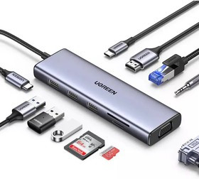 ugreen Конвертер Ugreen CM498 USB-C в 3 * USB 3.0 A/HDMI/VGA/RJ45/SD/TF/AUX3.5mm/PD/15601 - фото 1 - id-p110031599