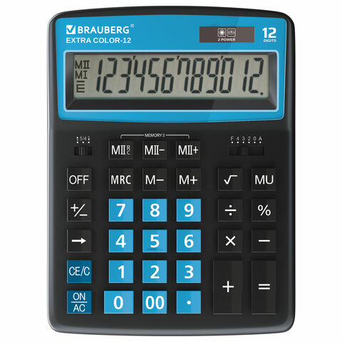 Калькулятор настольный BRAUBERG EXTRA COLOR-12-BKBU (206x155 мм), 12 разрядов, двойное питание, ЧЕРНО-ГОЛУБОЙ - фото 1 - id-p116420365