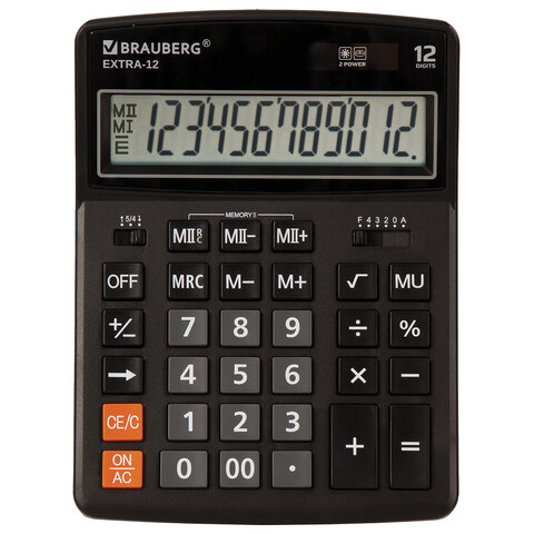 Калькулятор настольный BRAUBERG EXTRA-12-BK (206x155 мм), 12 разрядов, двойное питание, ЧЕРНЫЙ - фото 1 - id-p116420404