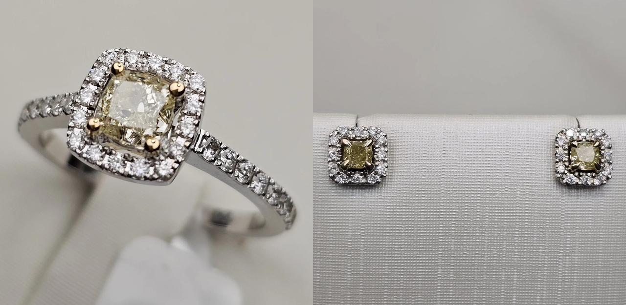 Золотой набор с брил (к Кушон 0,58Ct IF/FLY, 0.34Ct VVS2/G, р 17, с 0,36Ct SI1/FLY, 0.14Сt VS2/I Ex )