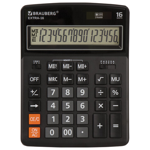 Калькулятор настольный BRAUBERG EXTRA-16-BK (206x155 мм), 16 разрядов, двойное питание, ЧЕРНЫЙ - фото 1 - id-p116420436