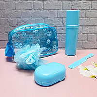 Дорожный набор для душа 5 предметов (мочалка, мыльница, расческа, футляр для зубной щетки, косметичка) синий
